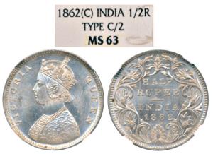 Victoria Queen, Silver ½ Rupee, 1862, Calcutta Mint, C / II, obv. as Wyon’s Design, (Prid 