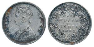 Victoria Queen, Silver ½ Rupee, 1862, Bombay Mint, B1 / II, Round pearls in the crown (Pr 