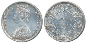 Victoria Queen, Silver ½ Rupee, 1862, Madras Mint, B1 / II, Elongated pearls in the crown,