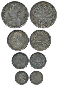 Victoria Queen, Set of 4, Silver Rupee, ½, ¼ and 2 Annas, 1862. Very Fine to Extremely Fin
