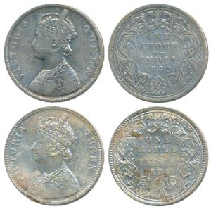 Victoria Queen, Silver Rupee (2), 1862, Calcutta Mint, B/III, 150 ridges, 30.6 mm; 1874, C