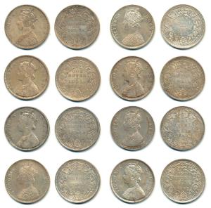 Victoria Queen, Silver Rupee, 1862, different varieties, 0 / 0; 0 / 4; 0 / 5; 0 / 5; 0 / 7