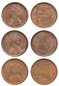 Victoria Empress, Copper ½ Pice, 1887, 1892 and 1894, Calcutta Mint, (Prid 719, 725 & 727)