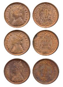 Victoria Empress, Bronze ½ Pice, 1895, 1897 and 1901, Calcutta Mint (Prid 728, 730 & 734).