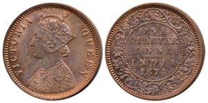 Victoria Queen, Copper ¼ Anna, 1874, Calcutta Mint, (Prid 608). About Uncirculated, Rare.