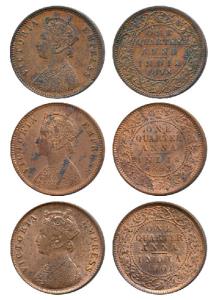 Victoria Empress, Copper ¼ Anna, 1878, 1892 and 1901, Calcutta Mint (Prid 612, 625 and 634
