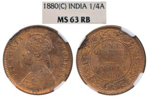 Victoria Empress, Copper ¼ Anna, 1880, Calcutta Mint, C below date on center bead, (Prid 6