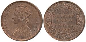 Victoria Empress, Copper ¼ Anna, 1889, Bombay Mint, B / I (Prid 644). About Uncirculated.