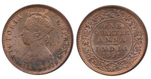 Victoria Empress, Bronze ¼ Anna, 1891, Bombay Mint (Prid 645). About Uncirculated.