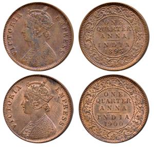 Victoria Empress, Copper ¼ Anna (2), 1893 and 1900, Calcutta Mint. About Uncirculated. (2)