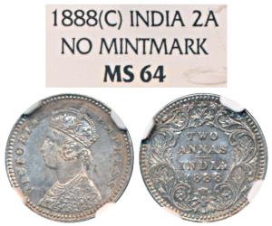Victoria Empress, Silver 2 Annas, 1888, Calcutta Mint, B / II / No mint mark. Graded by NG