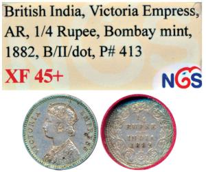 Victoria Empress, Silver ¼ Rupee, 1882, Bombay Mint, B / II / dot, (Prid 413). Graded by N