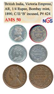 Victoria Empress, Silver ¼ Rupee, 1886, Calcutta Mint, C / II / C incuse; 1890, Bombay Min