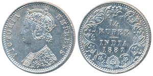 Victoria Empress, Silver ¼ Rupee, 1887, Bombay Mint, C / II / B raised. About Extremely Fi