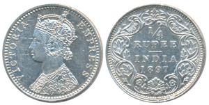 Victoria Empress, Silver ¼ Rupee, 1897, Bombay Mint, C / I / B incuse (Prid 430). Extremel