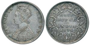 Victoria Queen, Silver ½ Rupee, 1876, Bombay Mint, B2 / II / dot, Re engraving of hair at 