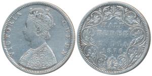 Victoria Queen, Silver ½ Rupee, 1876, Bombay Mint, B2 / II / dot, (Prid 287). Fine+, Rare.
