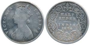 Victoria Empress, Silver ½ Rupee, 1879, Calcutta Mint, A / I / C incuse, (Prid 263). Fine,