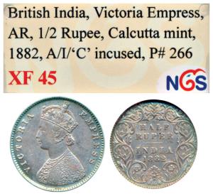 Victoria Empress, Silver ½ Rupee, 1882, Calcutta Mint, A / I / ’C’ incuse (Prid 266). Grad