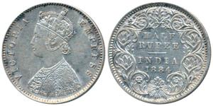 Victoria Empress, Silver ½ Rupee, 1884, Calcutta Mint, A / I / C incuse, (Prid 268). Very 