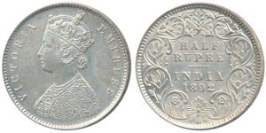 Victoria Empress, Silver ½ Rupee, 1892, Calcutta Mint, A / I / C incuse, (Prid 276). About