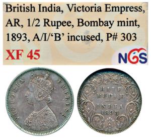 Victoria Empress, Silver ½ Rupee, 1893, Bombay Mint, A / I / ’B’ (Prid 303). Graded by NGS