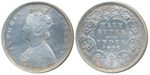 Victoria Empress, Silver ½ Rupee, 1893, Calcutta Mint, A / I / C incuse, (Prid 277). Very 