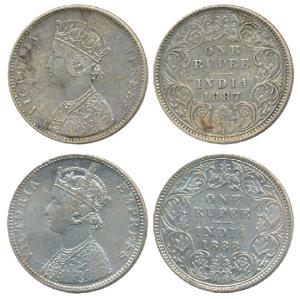 Victoria Empress, Silver Rupee (2), 1887, Calcutta Mint, A4/ I / C incuse; 1888, Bombay Mi