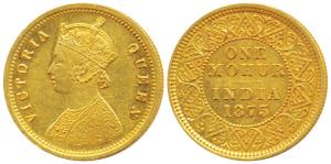Victoria Empress, Gold Mohur, 11.6g, 1875, V in Jabot (Prid 13). About Extremely Fine, Ver