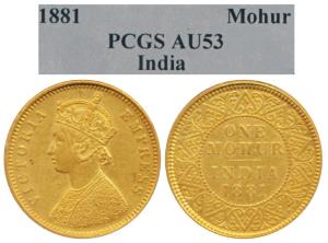 Victoria Empress, Gold Mohur, 11.67g, 1881, V in Jabot (Prid 18). Graded by PCGS AU53, Rar