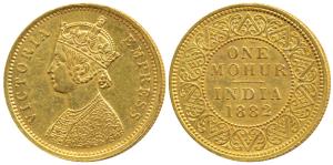 Victoria Empress, Gold Mohur, 11.67g, 1882, V in Jabot (Prid 19). Very Fine+, Rare.