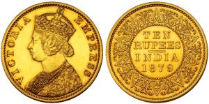 Victoria Empress, Gold Rupees 10, 1879, Calcutta Mint, (Prid 35; SW 6.21). Proof Restrike,