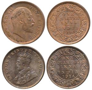 Edward VII and George V, Copper ¼ Annas (2), 1906, and 1914. About Uncirculated. (2)