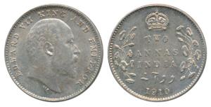 Edward VII, Silver 2 Annas, 1910, Bombay Mint, dot on the vine at 5 o’clock, Unlisted in P
