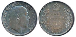 Edward VII, Silver ½ Rupee, 1907, Bombay Mint, B incuse and dot, (Prid 316). Nice blue ton