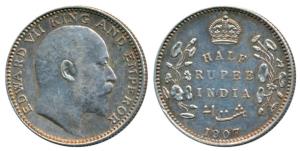 Edward VII, Silver ½ Rupee, 1907, Bombay Mint, B incuse and dot, (Prid 316). Very Fine+.