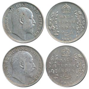 Edward VII, Silver ½ Rupee, 1907 and 1910, Calcutta Mint, No mint mark. Very Fine+. (2)
