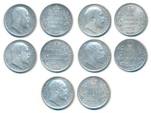 Edward VII, Silver Rupee (5), 1903, 1904 (2), 1905 and 1906, Calcutta and Bombay Mints. Ve