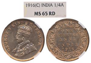 George V, Copper, ¼ Anna, 1916, Calcutta Mint. Graded by NGC MS65 RD, Very Rare in such a 