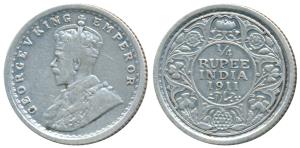 George V, Silver ¼ Rupee, 1911, Calcutta Mint (Prid 440). Very Fine.