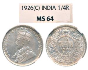George V, Silver ¼ Rupee, 1926, Calcutta Mint. Graded by NGC MS64, Rare in such a high gra