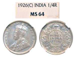 George V, Silver ¼ Rupee, 1926, Calcutta Mint. Graded by NGC MS64, Rare in such a high gra