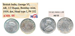 George V, Silver ½ Rupee, 1913, Calcutta Mint; George VI, Silver ½ Rupee, 1939, Bombay Min