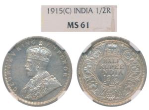 George V, Silver ½ Rupee, 1915, Calcutta Mint, (Prid 322). Graded by NGC MS61, Very Rare i