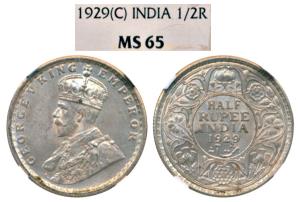 George V, Silver ½ Rupee, 1929, Calcutta Mint. Graded by NGC MS65, About Uncirculated.