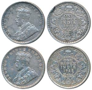 George V, Silver Rupee (2), 1911 & 1922, Bombay Mint. Very Fine+. (2)