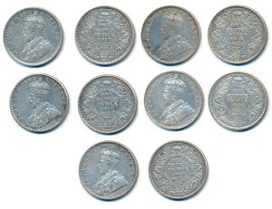 George V, Silver Rupee (5), 1914, 1917, 1918 and 1920, Bombay and Calcutta Mints. Very Fin