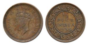 George VI, Bronze ½ Pice, 1938, Calcutta Mint, 1st Head, Unlisted in Pridmore. Very Fine+,