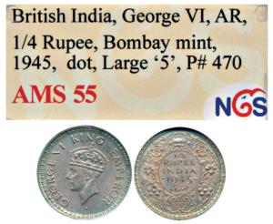 George VI, Silver ¼ Rupee, 1945, Bombay Mint, Large and Open 5 in Date, dot, (Prid 470). G