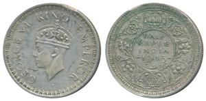 George VI, Half Silver ½ Rupee, 1945, Lahore Mint, Large 5, L mint mark below on rev. Edge